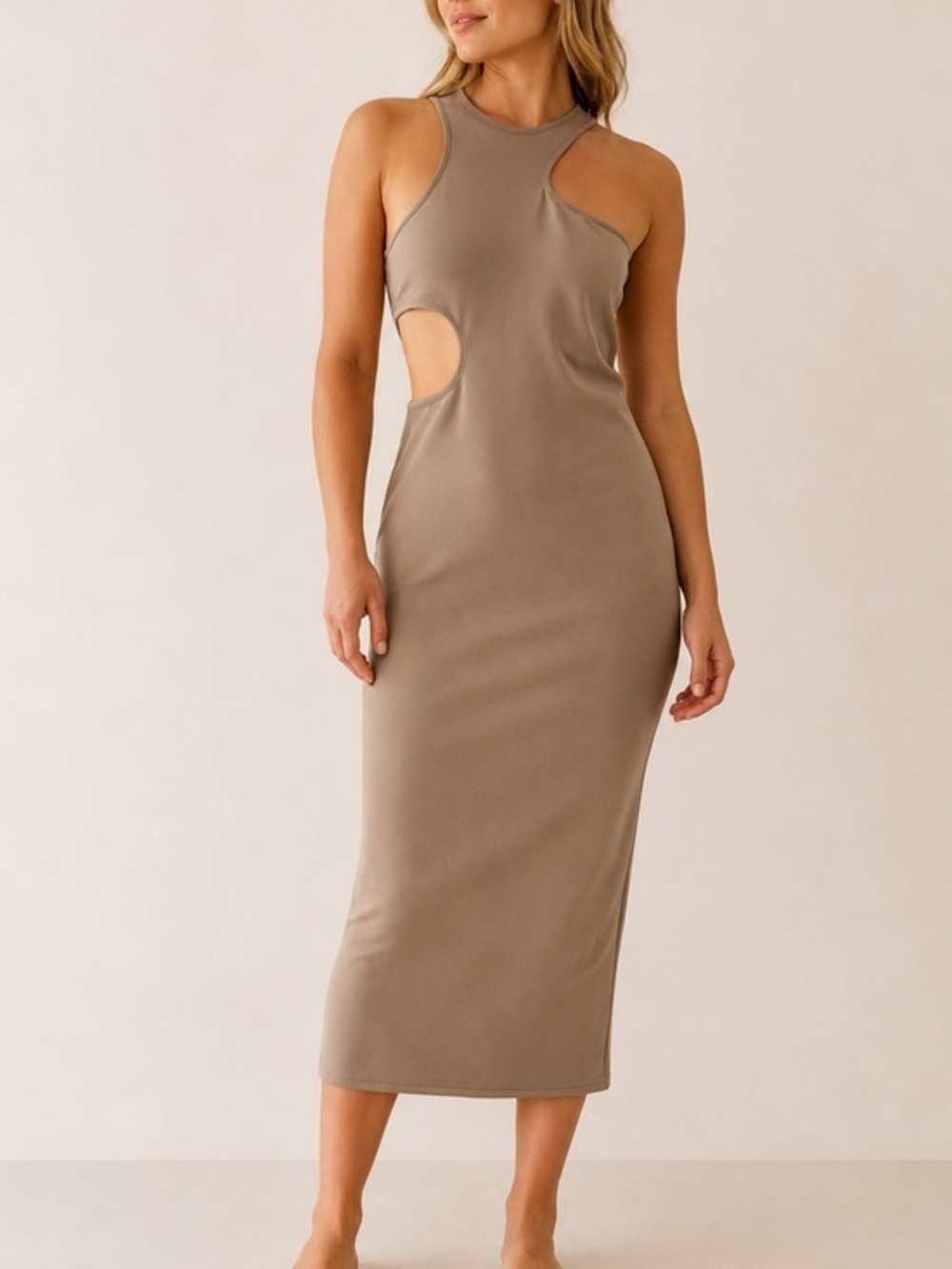 & Other Stories Tan Cutout Sleeveless Minimalist Bodycon Midi Dress